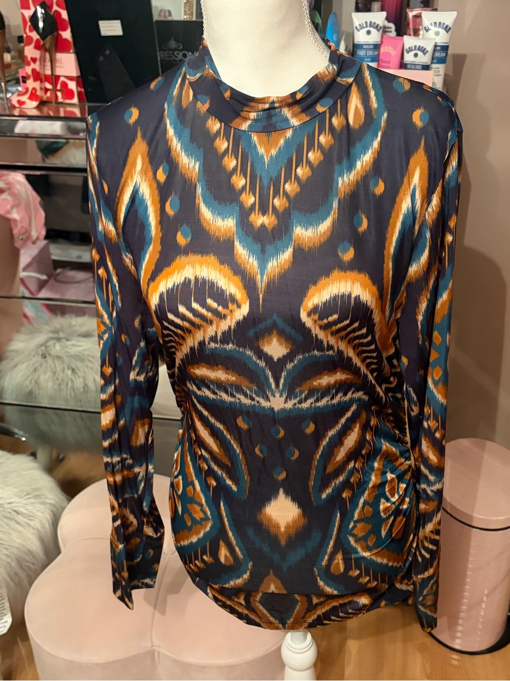 Farm Rio Blue & Orange Pineapple Ikat Jersey Blouse Size L - Picture 2 of 10